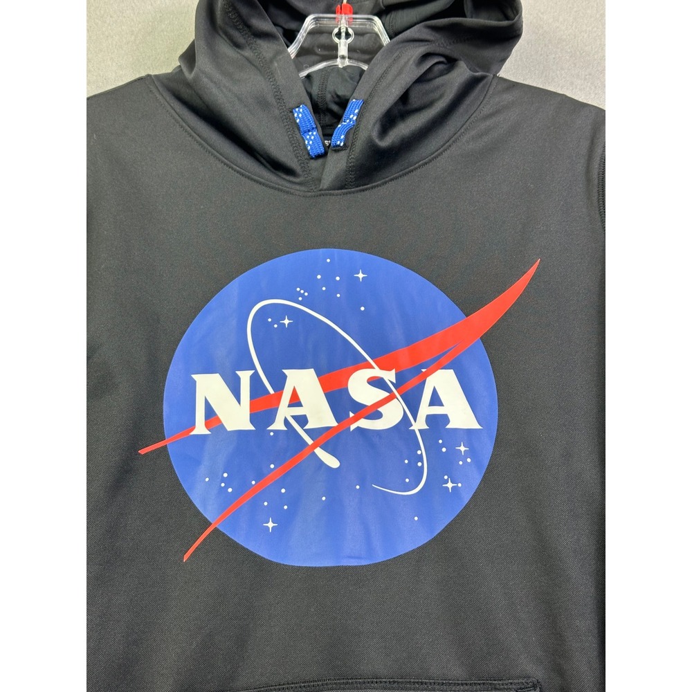 NASA Men's Black Tech Fleece Graphic Hoodie Sweatshirt Blue LandsEnd 62830 Large